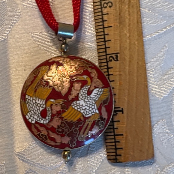 vintage cloisonne Jewelry - Elegant Red and Gold Crane Pendant Necklace